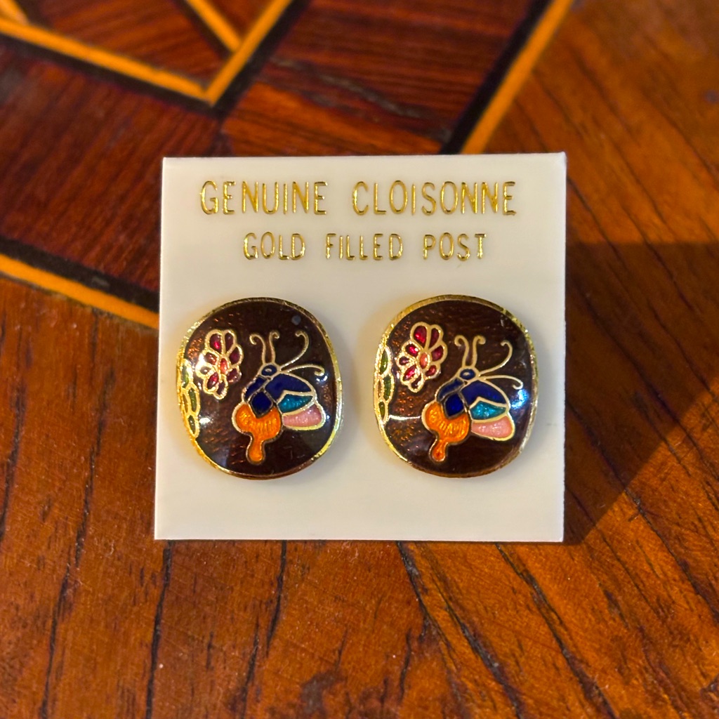 Genuine Vintage Cloisonn Gold Filled Post 0.5-Inch Earrings